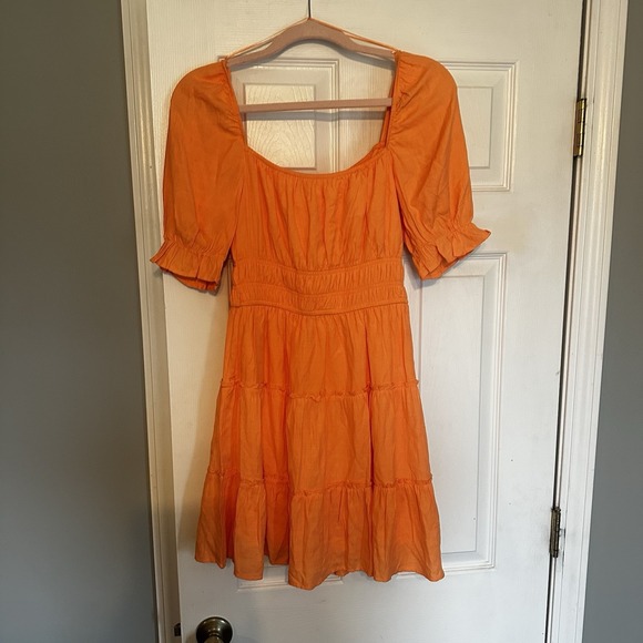 Francesca's Collections Dresses & Skirts - Francescas's Blue Skies Peach Orange NWT Puff Sleeve Tiered Mini Dress Sz Small